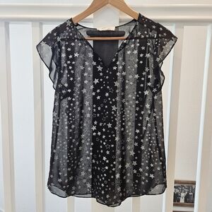 Two by Vince Camuto Black Star Blouse, Sheer, Ruffles, XS